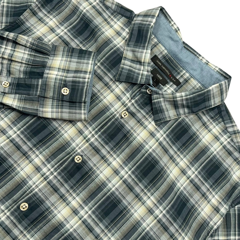 John Varvatos Luxe Long Sleeve Dress Shirt Mens L Blue Gray White Plaid